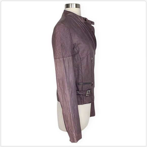 Resurrected 100% Leather Mauve Purple Gray Moto Jacket Rhinestone Trim Size L - Picture 4 of 8
